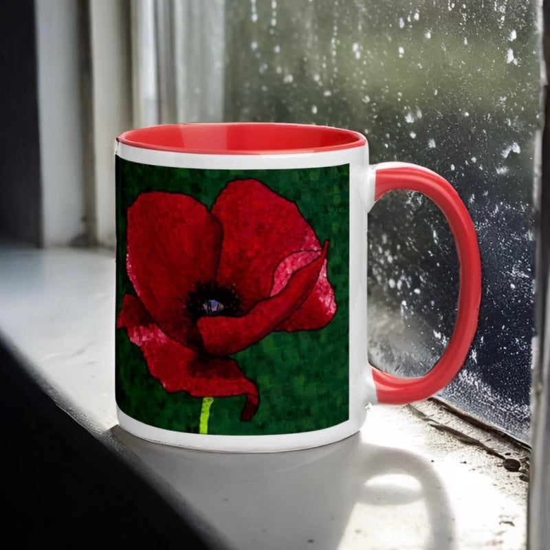 A vibrant red poppy 1 mug resting on a window sill, creating a picturesque scene.