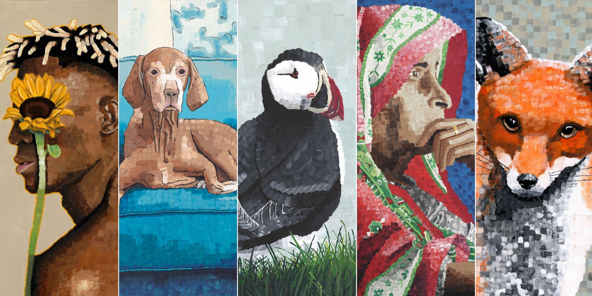 Collage of various animal portraits with unique artistic styles.