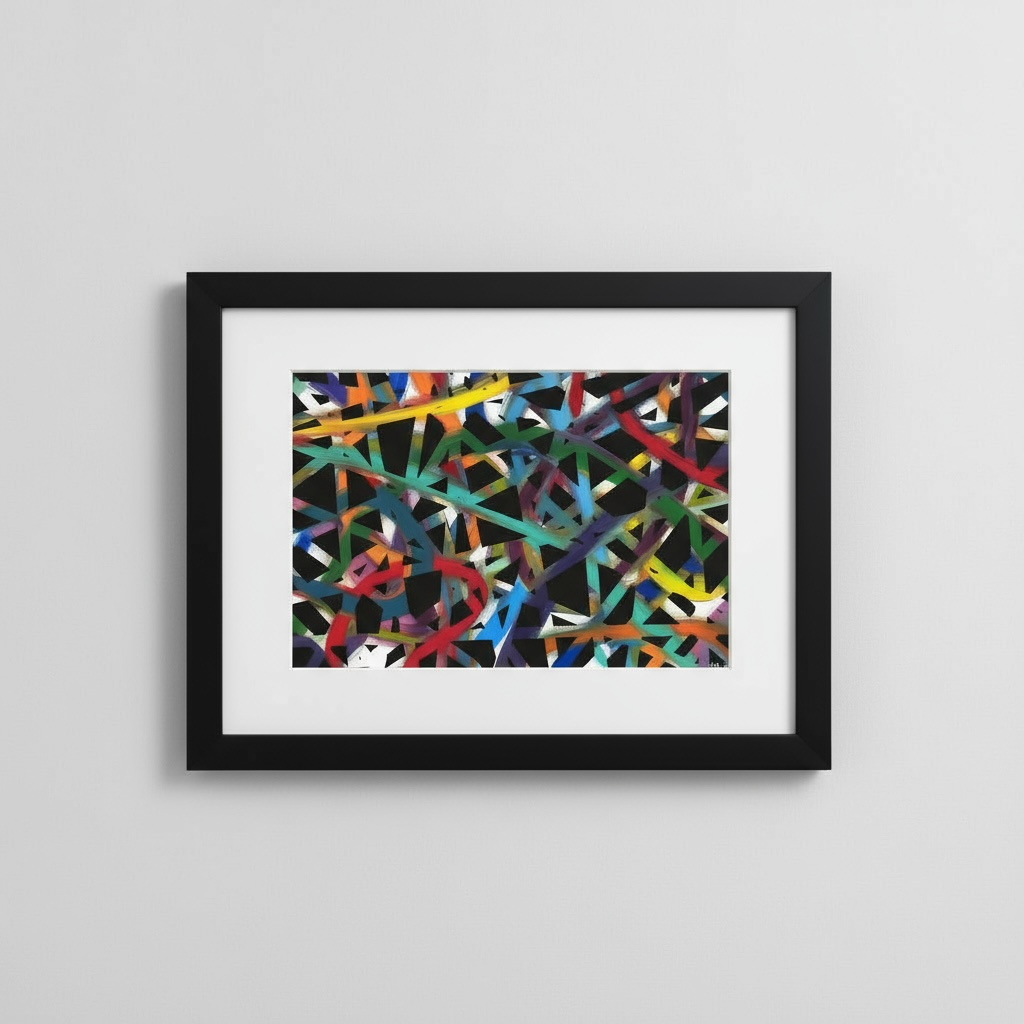 Framed abstract artwork with colorful geometric design on a gray background