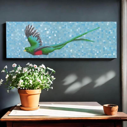 Quetzal Canvas Print featuring a flying bird above a potted plant.