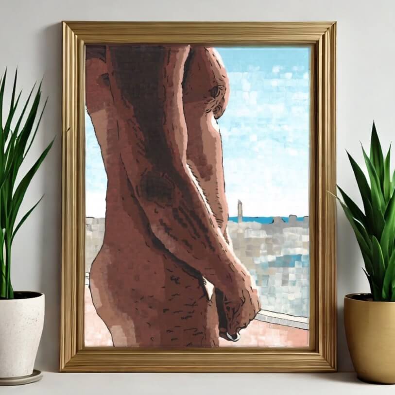 An artwork titled 'Naked Window' featuring a nude man standing before a window, captured in a framed picture.