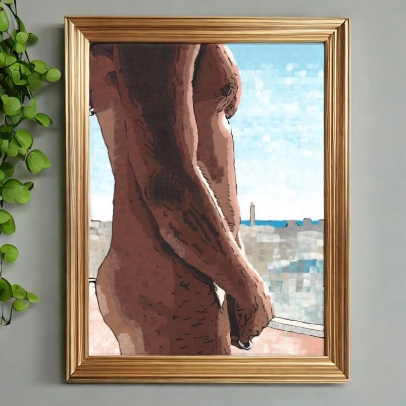 Behold the mesmerizing painting "Naked Window" featuring a nude man standing elegantly in front of a window. 