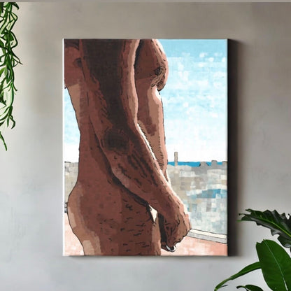 A painting of a nude man standing on at a window, showcasing the artist's portrayal of vulnerability and contemplation.