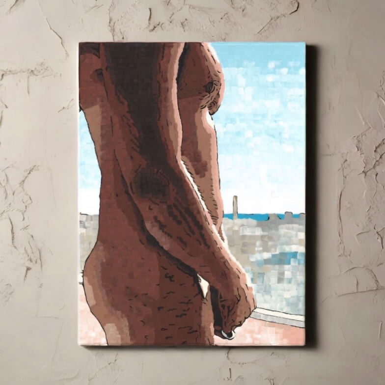 A bold painting of a nude man confidently standing on a wall, showcasing strength and vulnerability.