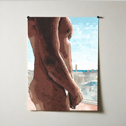 A captivating artwork showcasing a nude man confidently standing on at a window, evoking a sense of strength and vulnerability.