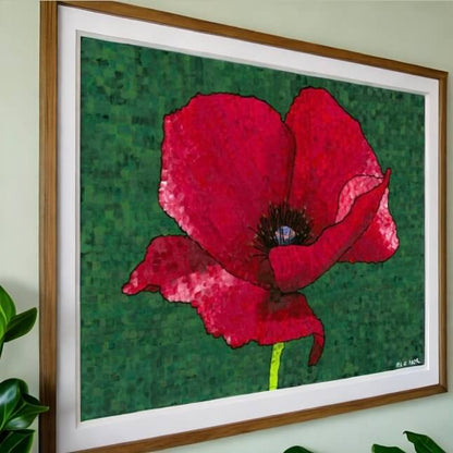 A framed red poppy, exuding grace and charm with its vivid color and captivating presence.