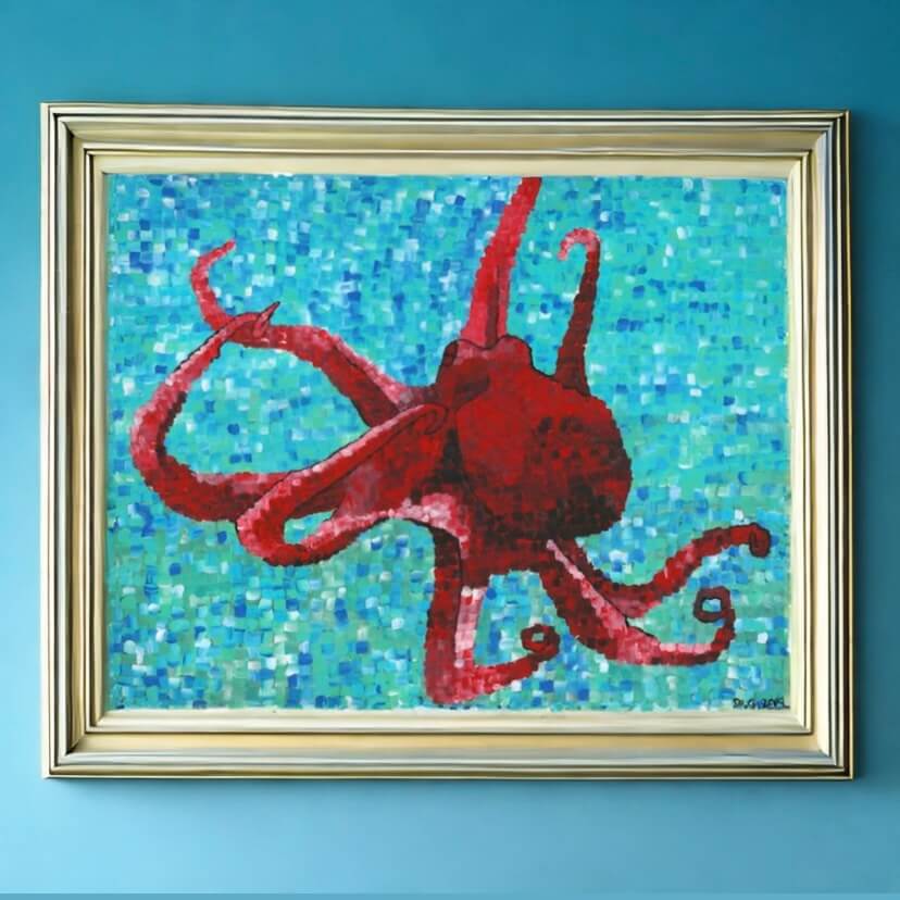 An octopus artwork by Dorrin Gingerich, framed on a blue wall.