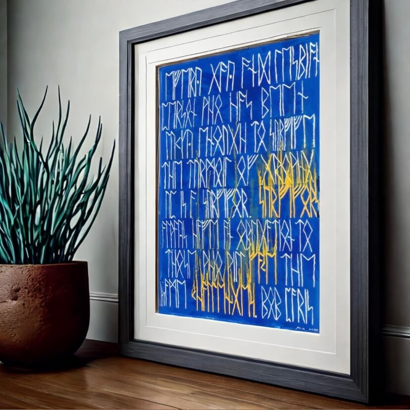 Vibrant blue and yellow art print titled 'Message 1 by Dorrin Gingerich' in a stylish frame.