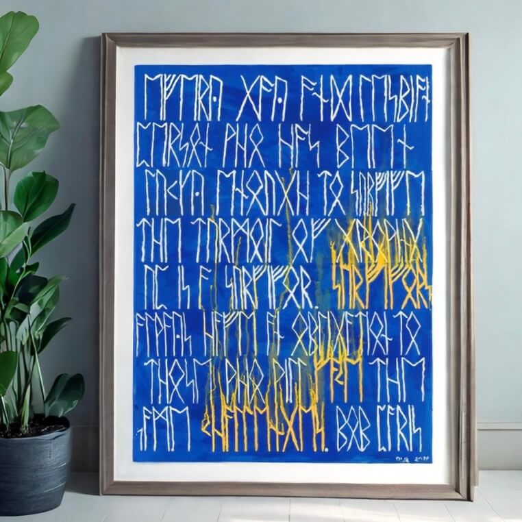 Colorful art print showcasing the Runic script, perfect for language enthusiasts and cultural decor.