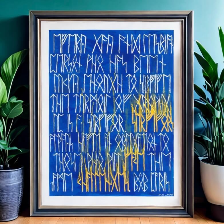 A visually appealing framed poster featuring the Bob Paris quote words in Runic Script, with blue and yellow hues.