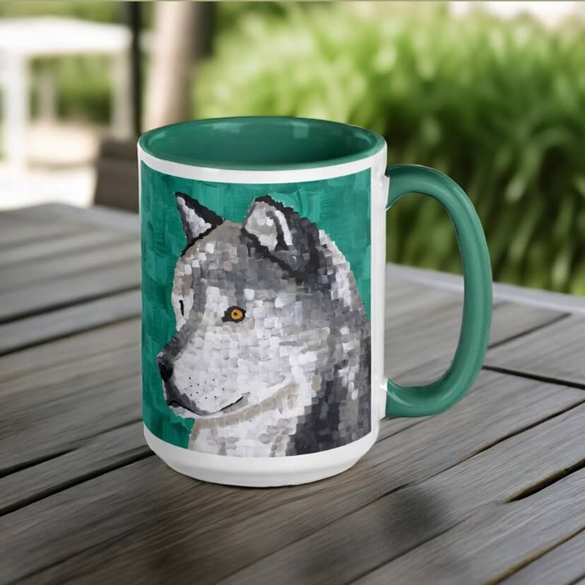 A coffee 15oz mug featuring an adorable wolf. Perfect for wolf lovers to enjoy their favorite hot beverages!