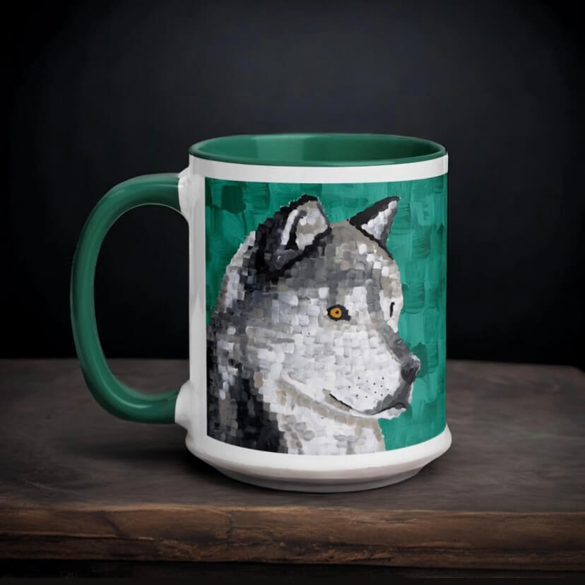 A coffee mug with a majestic wolf design, perfect for sipping your favorite brew and embracing your wild side.