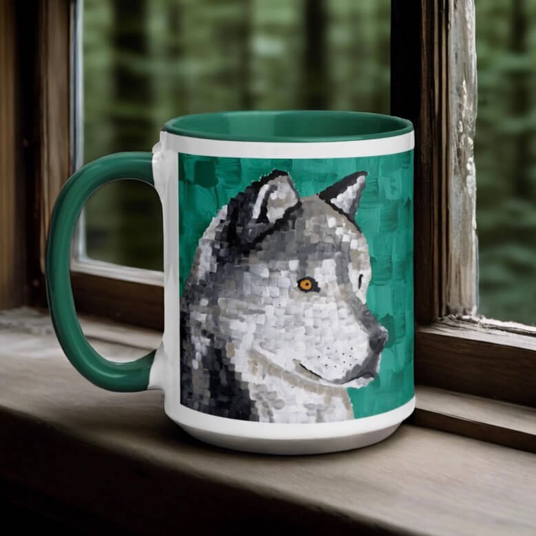 A wolf-themed mug placed in front of a window.