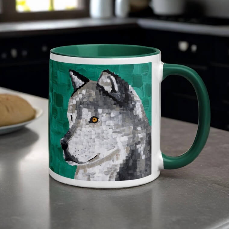 A coffee mug featuring a fierce wolf design, perfect for those who love their morning brew with a touch of wildness!