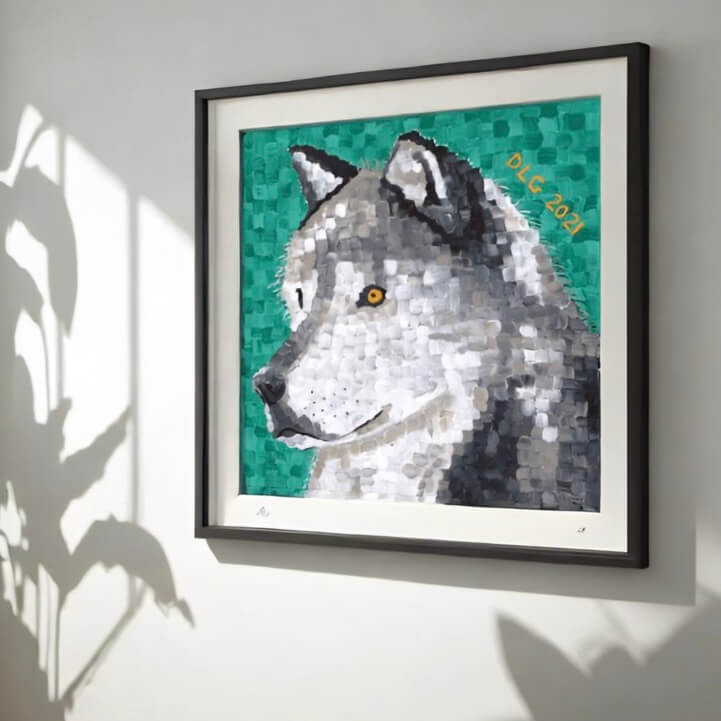 A framed picture of a wolf against a green background, showcasing the majestic beauty of this wild creature.