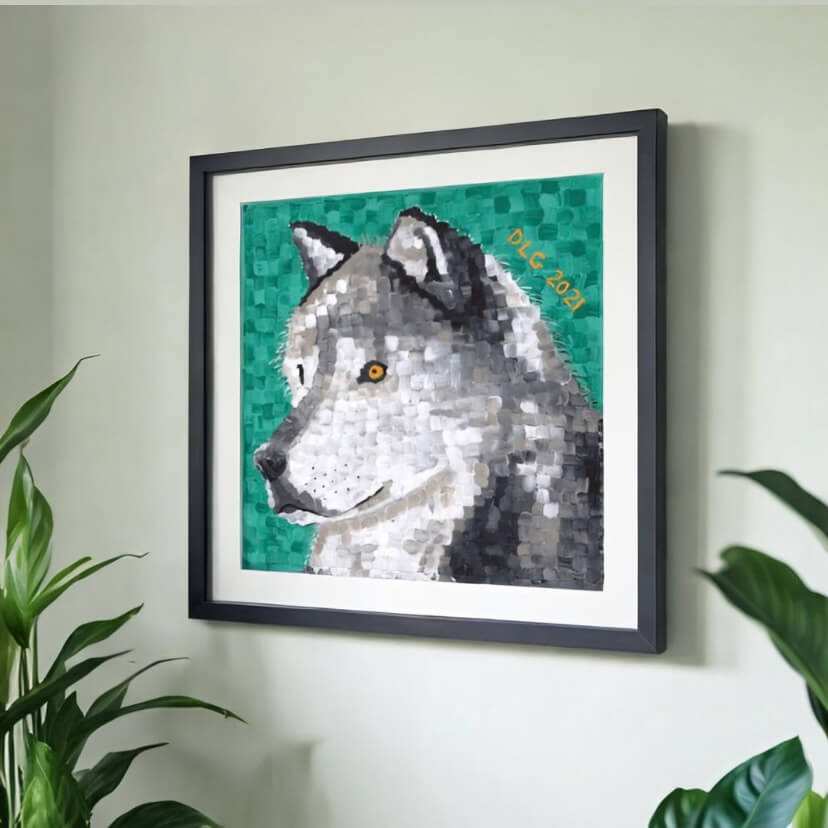A framed picture of a majestic wolf against a vibrant green background.