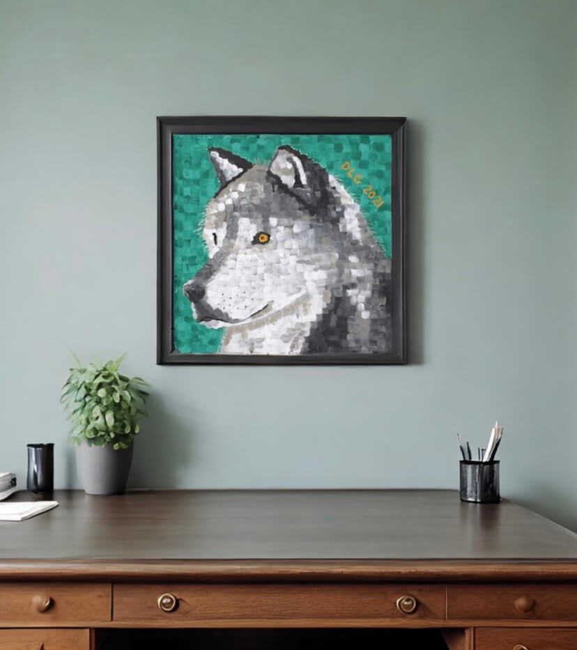 A framed picture of a wolf over a desk. The image shows a close-up of a wolf's face in a print.