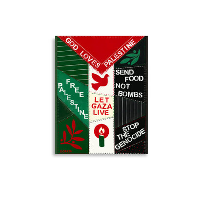 Dorrin Gingerich fine art print Let Gaza Live, bold activist design in red green black with dove, candle, and Free Palestine text