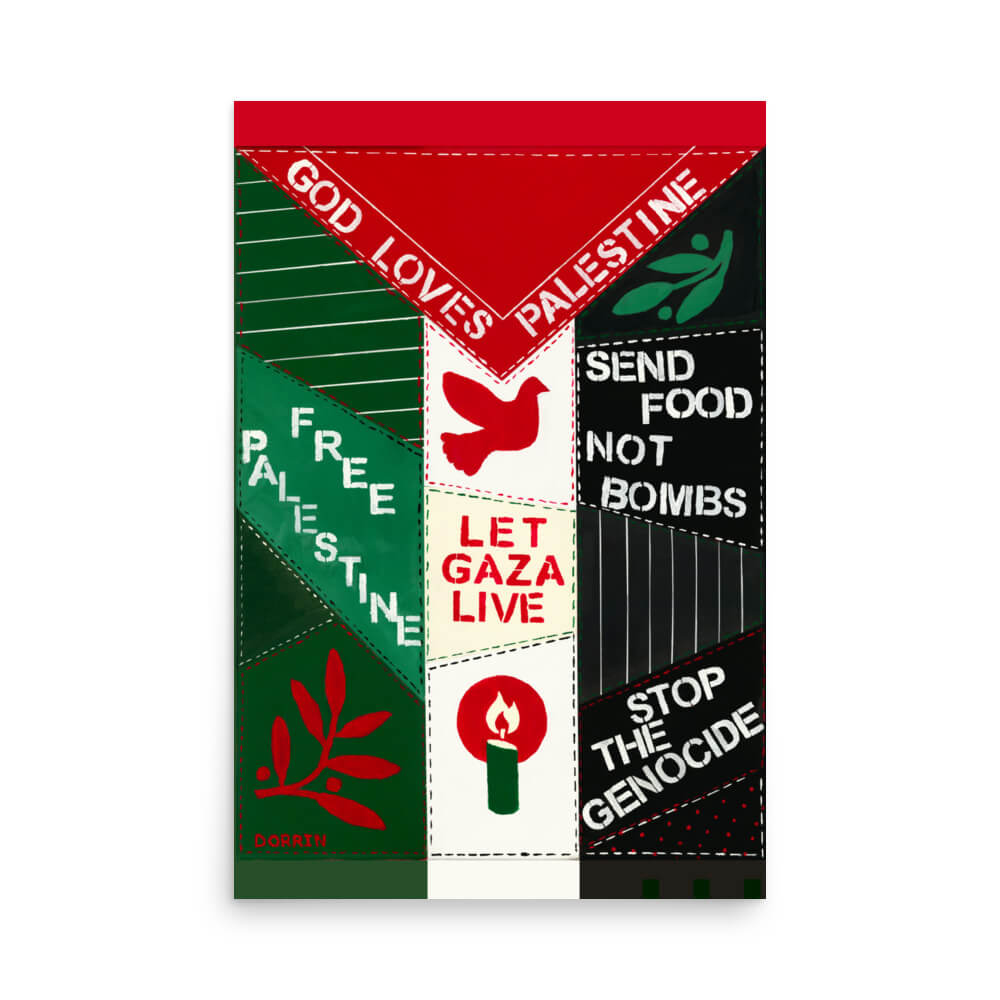 Dorrin Gingerich Let Gaza Live fine art print, Palestinian flag-inspired activist art with dove, olive branch, and candle imagery