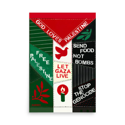 Dorrin Gingerich Let Gaza Live fine art print, Palestinian flag-inspired activist art with dove, olive branch, and candle imagery