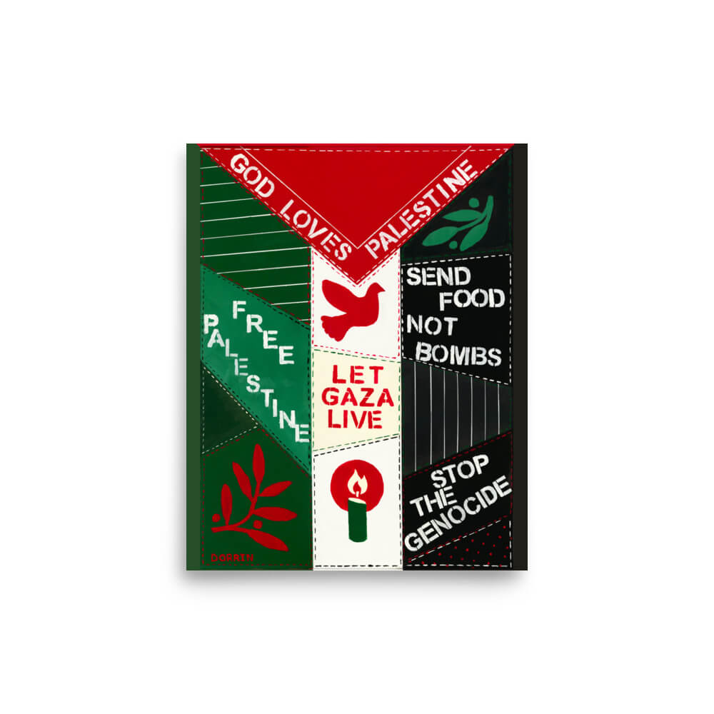 Let Gaza Live fine art print, Palestinian flag colors with olive branch, candle, and Send Food Not Bombs text by Dorrin Gingerich