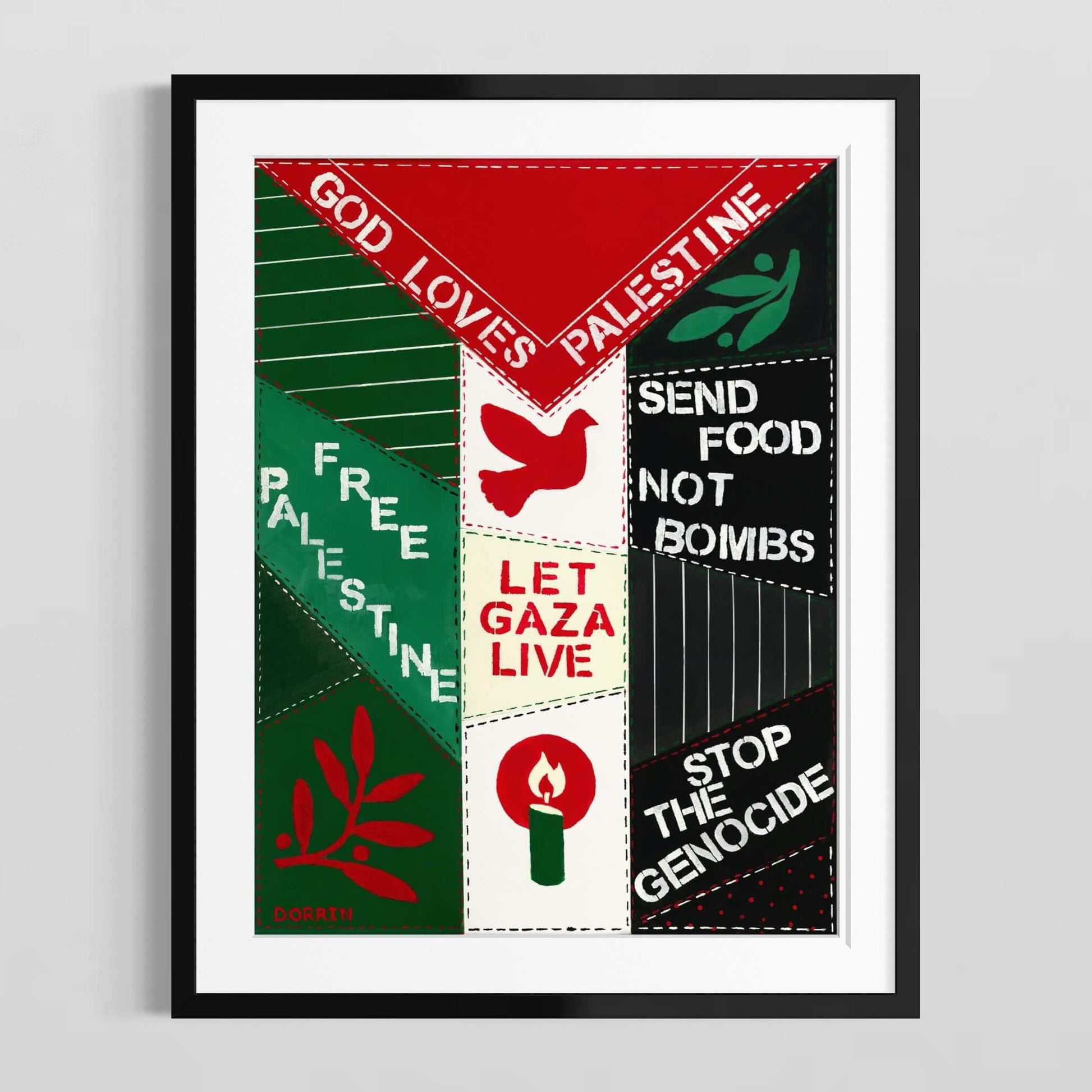 Let Gaza Live fine art print by Dorrin Gingerich in black frame, Palestinian colors with dove and activist text