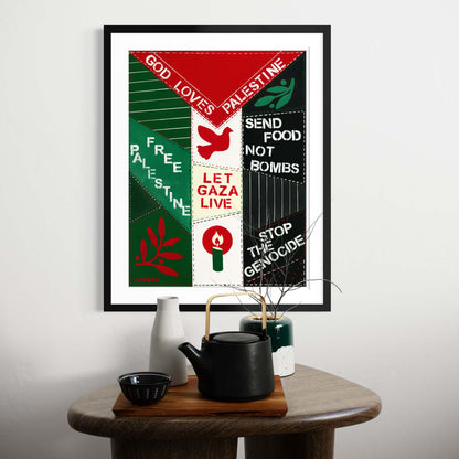 Let Gaza Live fine art print by Dorrin Gingerich in black frame above wooden side table with teapot