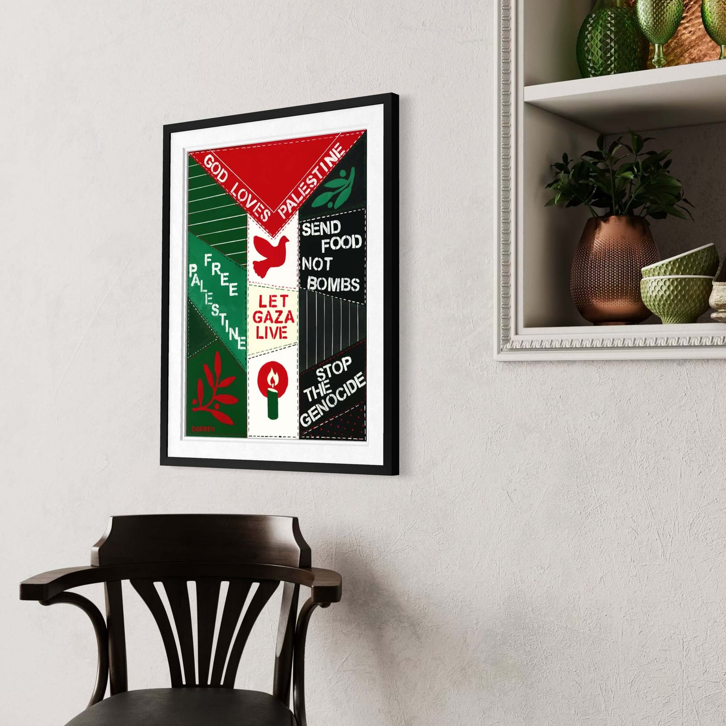 Let Gaza Live fine art print by Dorrin Gingerich in black frame on wall beside dark wood chair