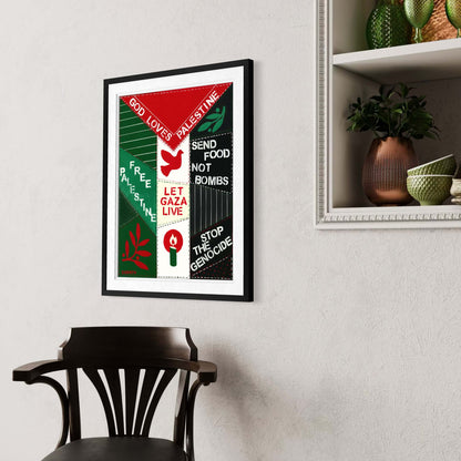 Let Gaza Live fine art print by Dorrin Gingerich in black frame on wall beside dark wood chair