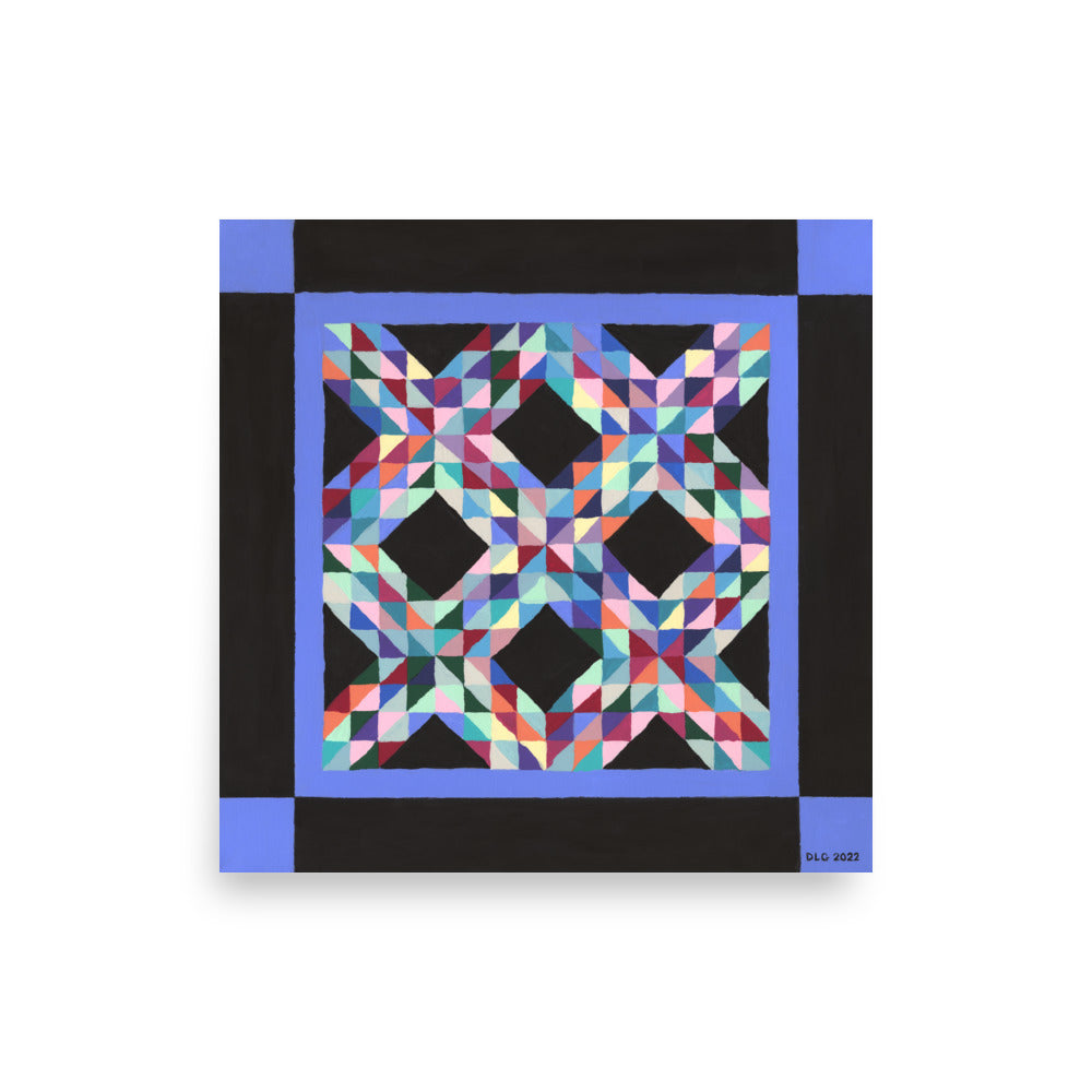 Product mockup - Detailed closeup of Amish quilt paper artwork, vibrant artwork and quality artwork with giclée print artwork finish.