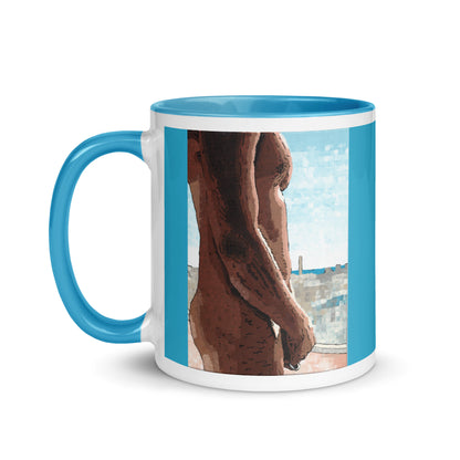 Mug with a blue interior and handle, featuring an artistic depiction of a nude figure on a white background.