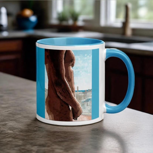 Naked Window Mug - Naked Window Mug - Dorrin Gingerich Art - Blue mug with a painting titled 'Naked Window' depicting a nude man.