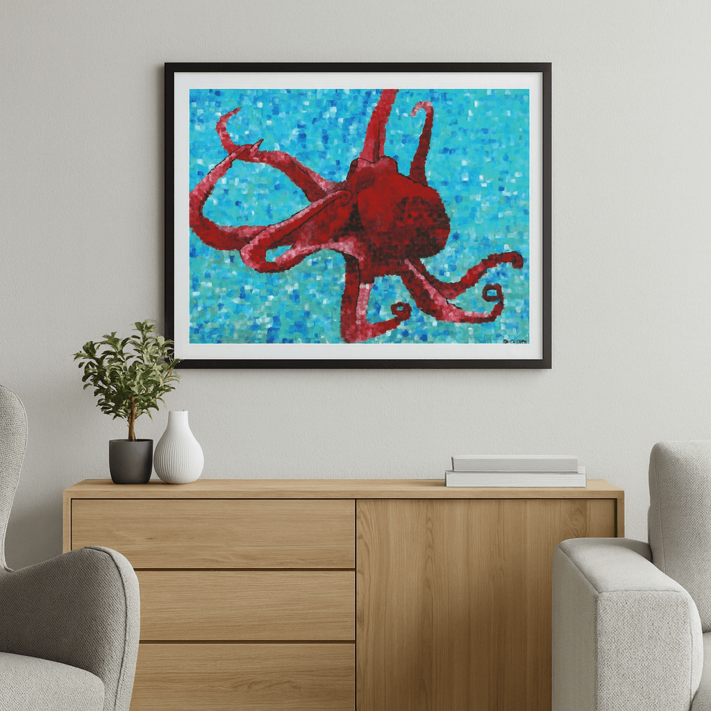 Red octopus painting with flowing tentacles on turquoise blue background by Dorrin Gingerich