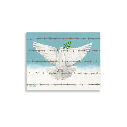 White dove with an olive branch on barbed wire against a blue sky, featuring the brand 'Dover'.