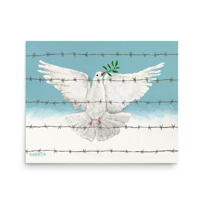 White dove with outstretched wings on barbed wire against a blue sky, featuring the brand 'Dorrien'.