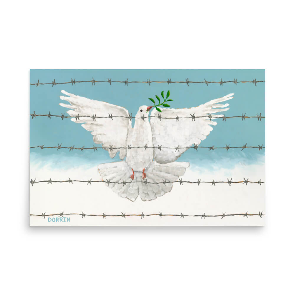 White dove with olive branch on barbed wire against a blue sky