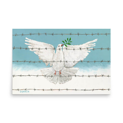 White dove with olive branch on barbed wire against a blue sky