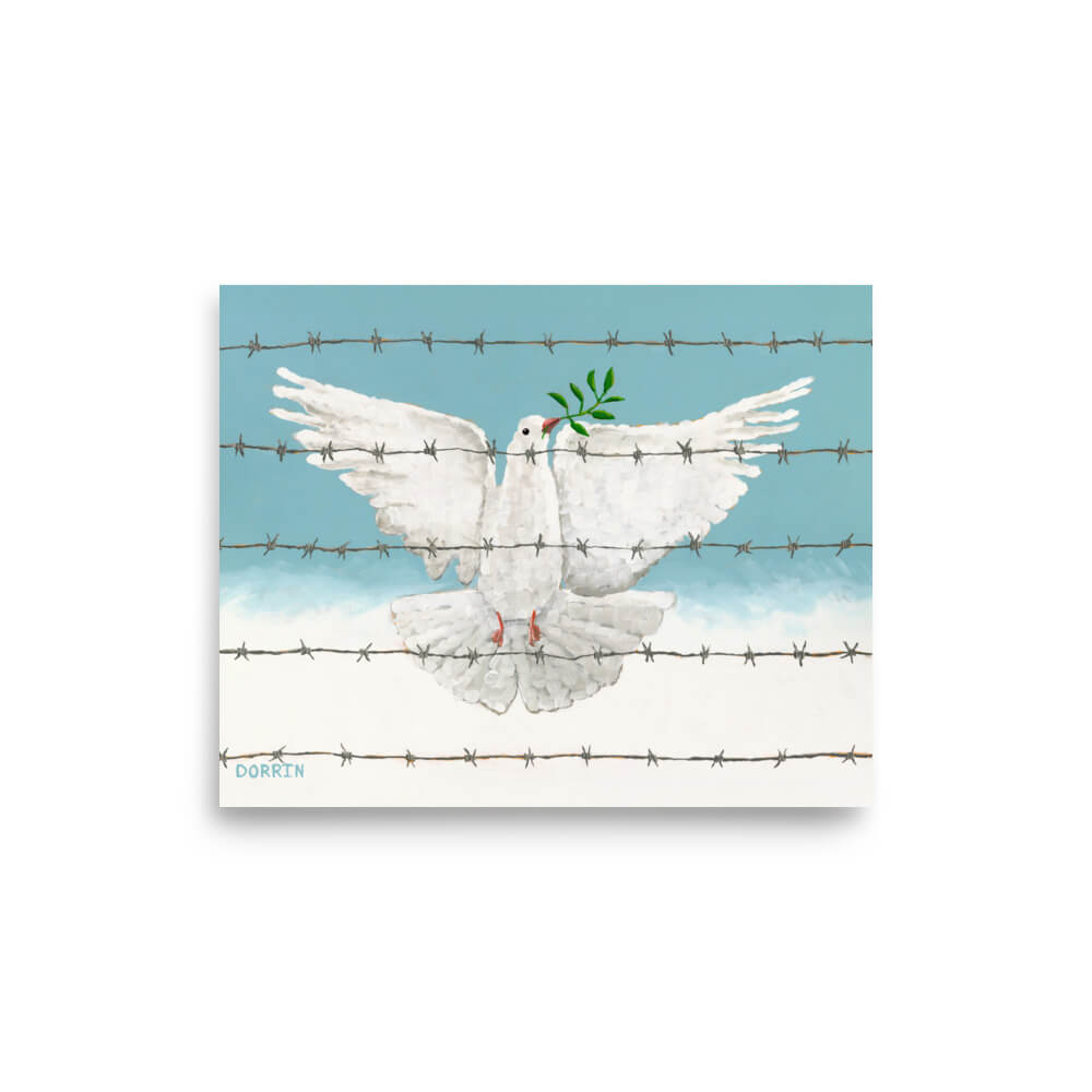 White dove on barbed wire with a blue sky background