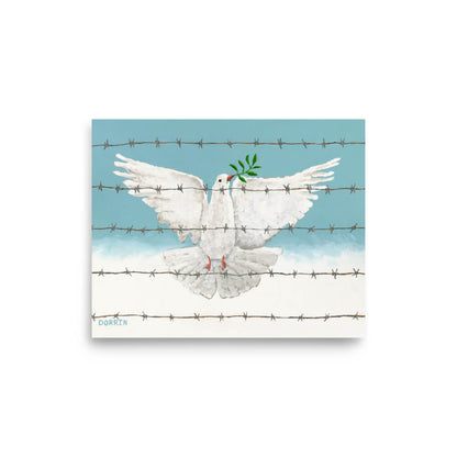White dove on barbed wire with a blue sky background