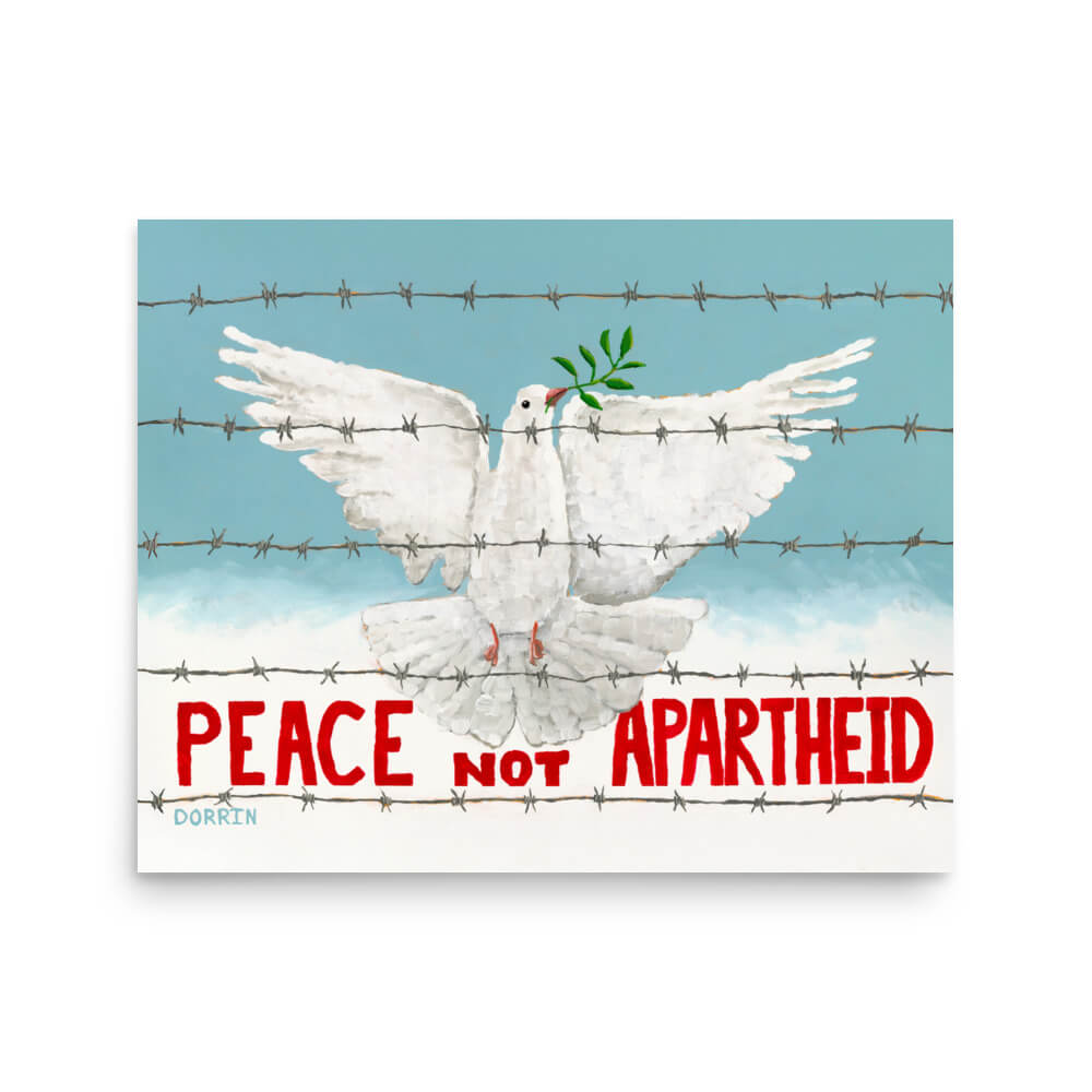 Peace Not Apartheid | Art Print showing white dove with olive branch behind barbed wire on blue sky background