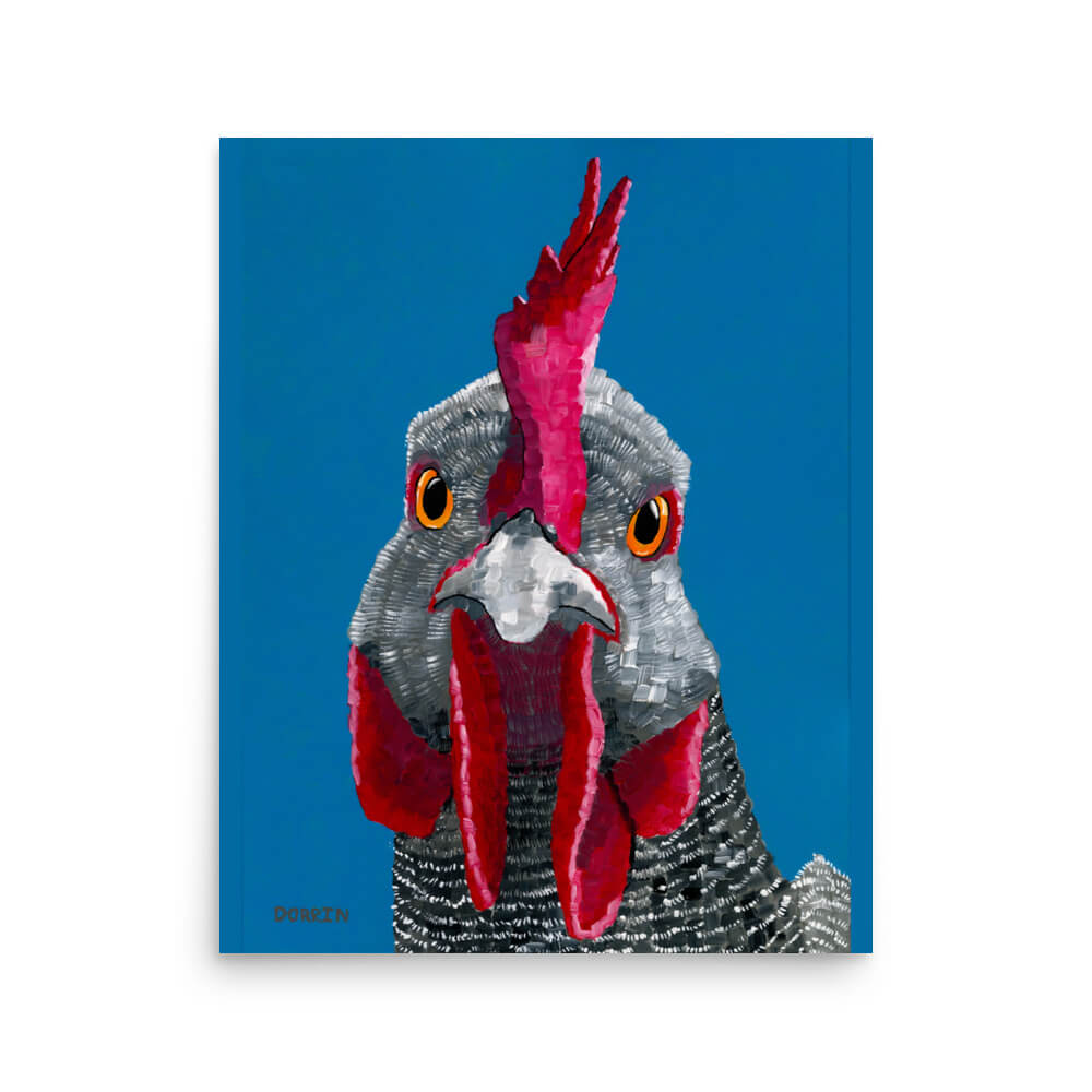 Expressive rooster portrait by Dorrin Gingerich, textured gray plumage and striking red wattles, 16x20