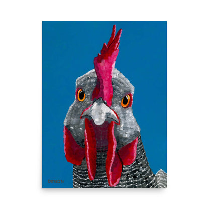 Dorrin Gingerich rooster fine art print, frontal bird portrait with bold colors on cobalt blue, 18x24