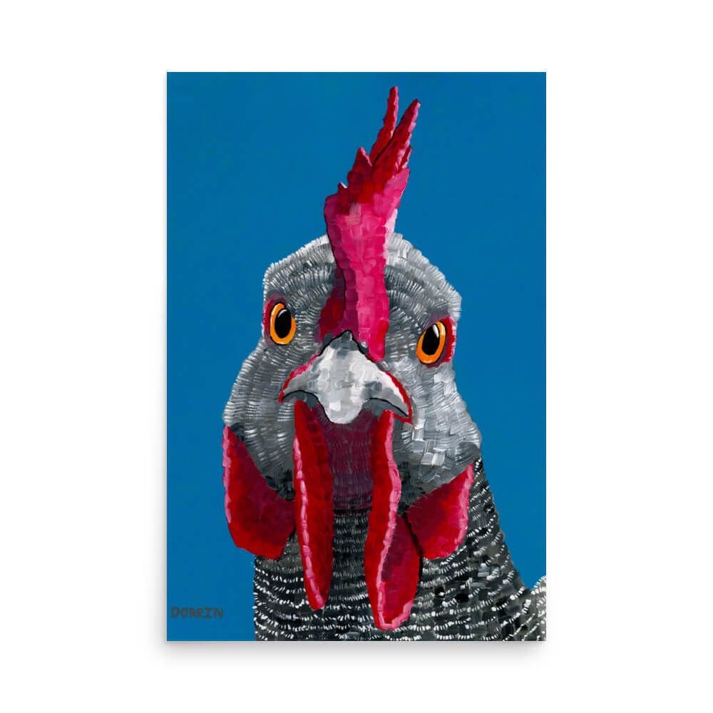Large rooster fine art print by Dorrin Gingerich, vivid red comb and wattles with textured feather detail, 24x36