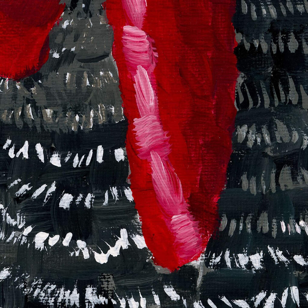 Close-up of the red and pink wattle brushwork on the Rooster painting