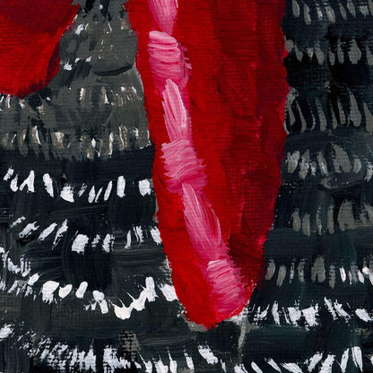 Close-up of the red and pink wattle brushwork on the Rooster painting
