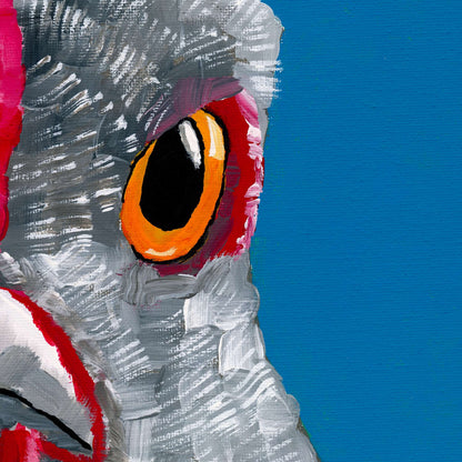Close-up of the Rooster painting's orange eye and gray feather brushwork