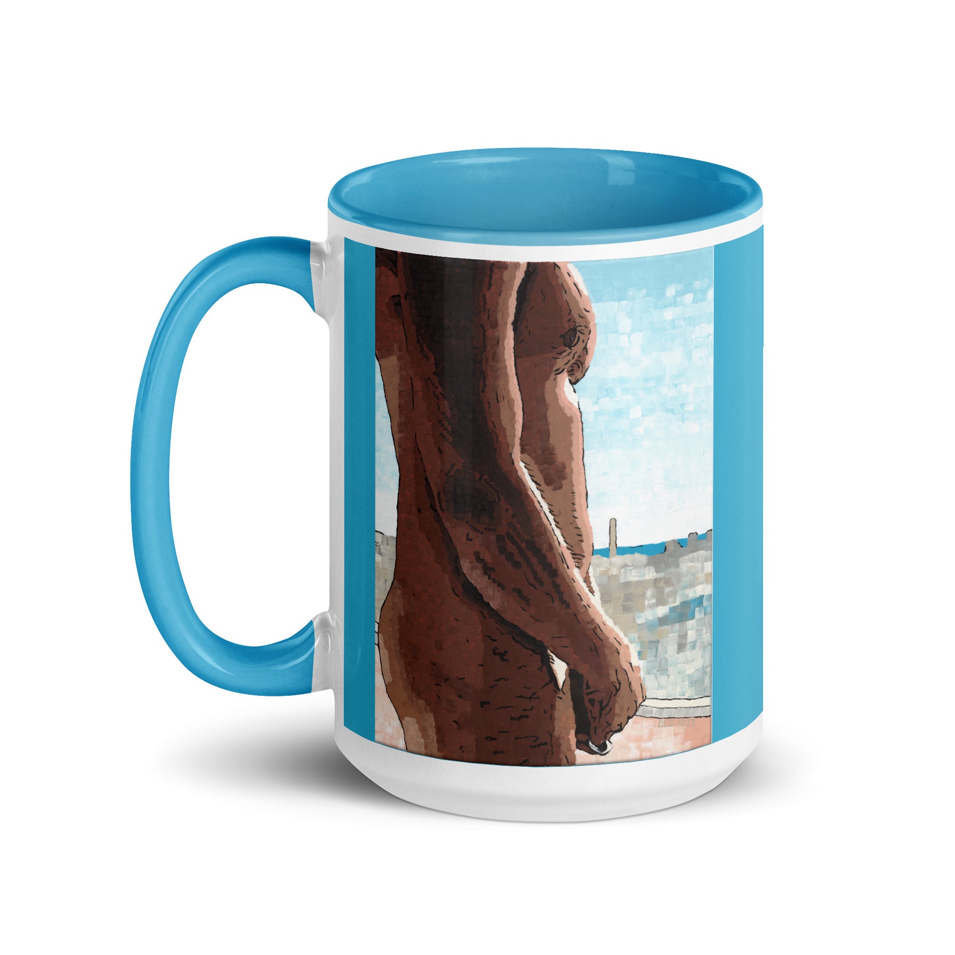 Side angle of art mug showing vibrant print and sturdy ceramic handle – unique print and affordable artwork.