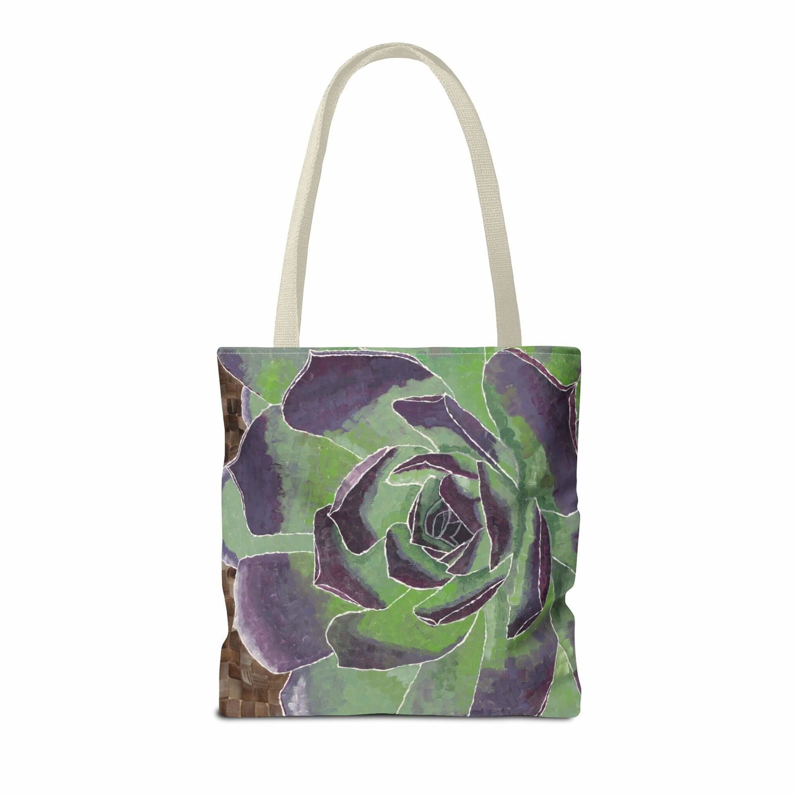 Succulent Tote Bag - Succulent Tote Bag - Dorrin Gingerich Art - Back view of a tote bag showcasing a colorful purple and green succulent painting.
