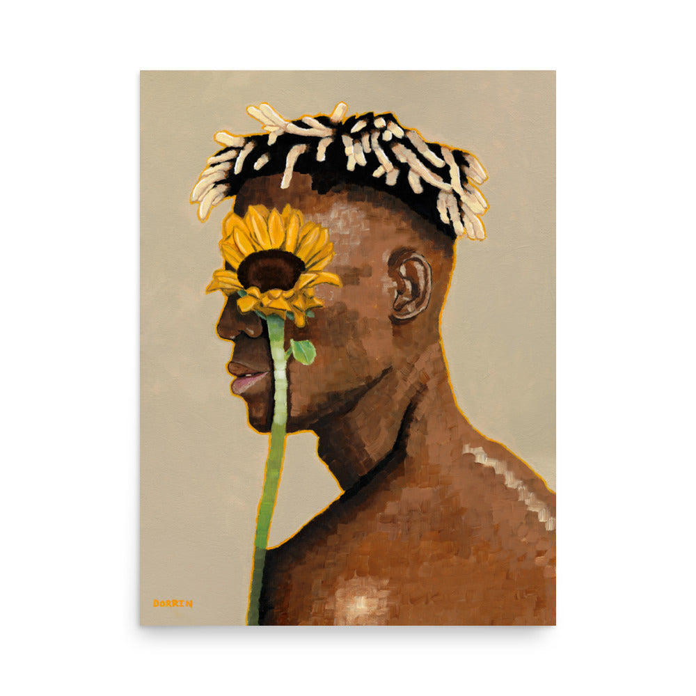 Original sunflower art print titled ‘Sunflower Vision’ in 18x24 size. High quality art print of a man with sunflower petal hair and a stem neck. A creative and affordable art print for home decor and wall display.
