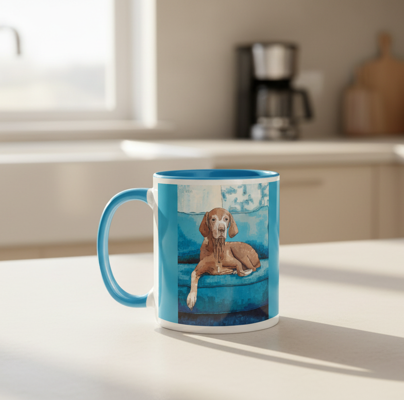 Mug with a dog on a blue couch design in a kitchen setting
